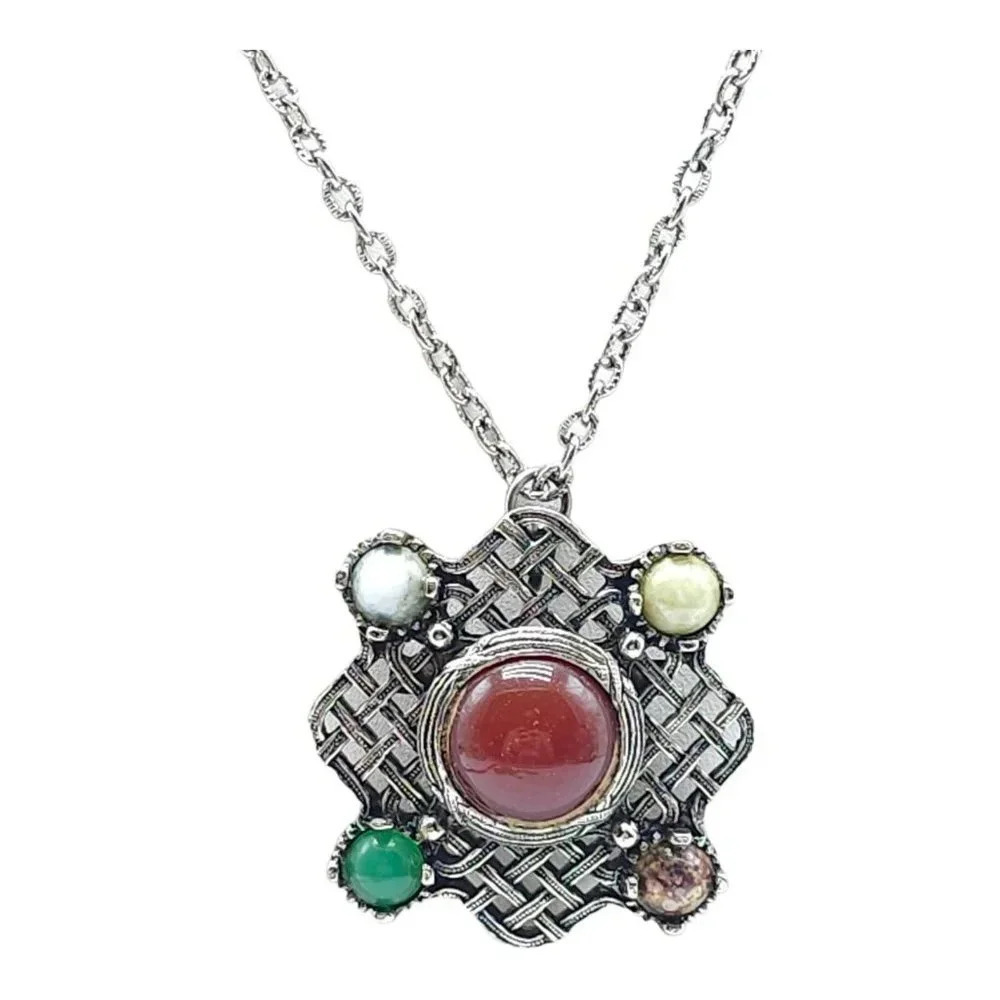 Celtic Multi Color Gemstone Filigree Pendant Chain Necklace Silver Tone Vintage